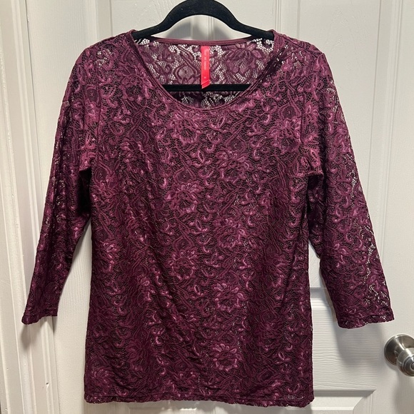 Ruby Ribbon | Plum Purple‎ Lace 3/4 Sleeve Top Style 1874 Sz M - Picture 1 of 7
